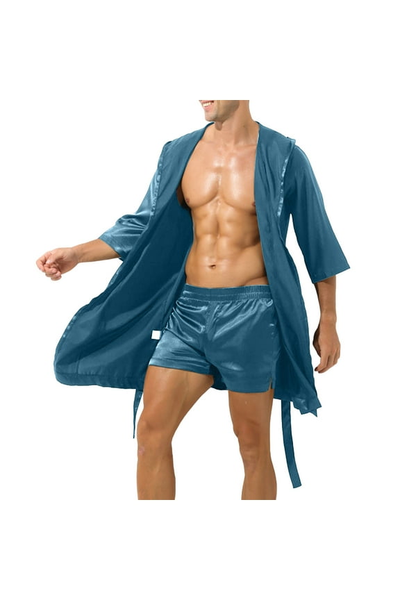 Men's Sleep Bottoms Bathrobe Solid Color Thin Sexy Short Sleeve Simple Loose Bathrobe Men Plus Size Green