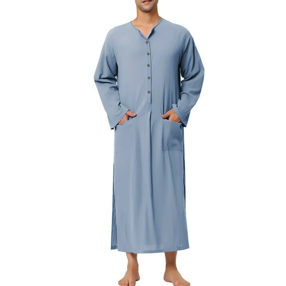 JTieacloth Men's Sleep Bottoms Male Solid Color Button Long Sleeve Robe Pajamas Collarless Loungewear Blue