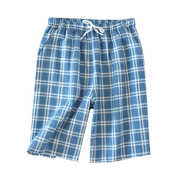 JTieacloth Men's Sleep Tops Men's Plaid Shorts Five Quarter Pants Loose Casual Pajama Pants Summer Thin Double Layer Large Size Home Pants Blue