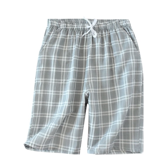 JTieacloth Men's Sleep Tops Men's Plaid Shorts Five Quarter Pants Loose Casual Pajama Pants Summer Thin Double Layer Large Size Home Pants Gray