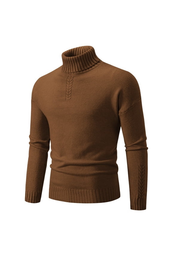Men's Sweater Loose Fit Autumn New Men's Solid Color High Neck Thin Knit Sweater Korean Version Slim Fit Warm Base Sweater(Brown)