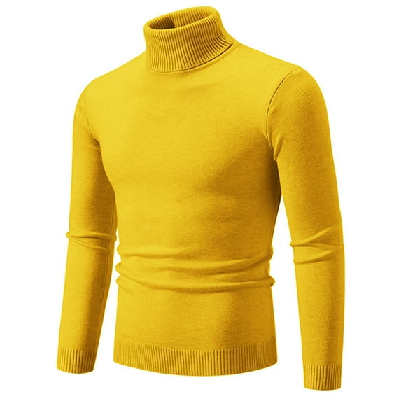 JTieacloth Men's Sweater Loose Fit Autumn New Men's Solid Color High Neck Thin Knit Sweater Korean Version Slim Fit Warm Base Sweater(Yellow)