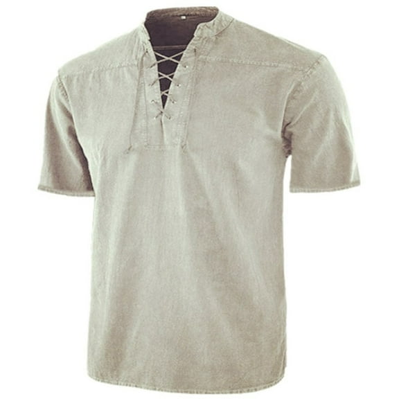 JTieacloth Men's Tees Sleeve V Neck Men's Gothic Lace Up Tie Short T Shirt Men Shirts