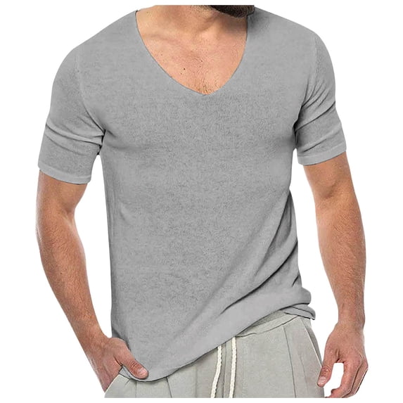 JTieacloth Mens Big Tall Mens Summer Thin V Neck Solid Color Sweater Summer Short Sleeve Knit T Shirt Top