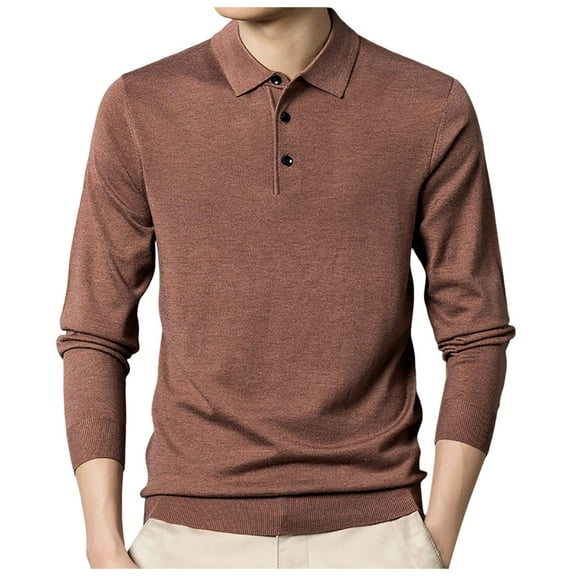 JTieacloth Mens Button Closure Shirt Male Knitwear Solid Color Shirt Collar Thin Long Sleeve Base Sweater Slim Fit Pullover Knit Brown L