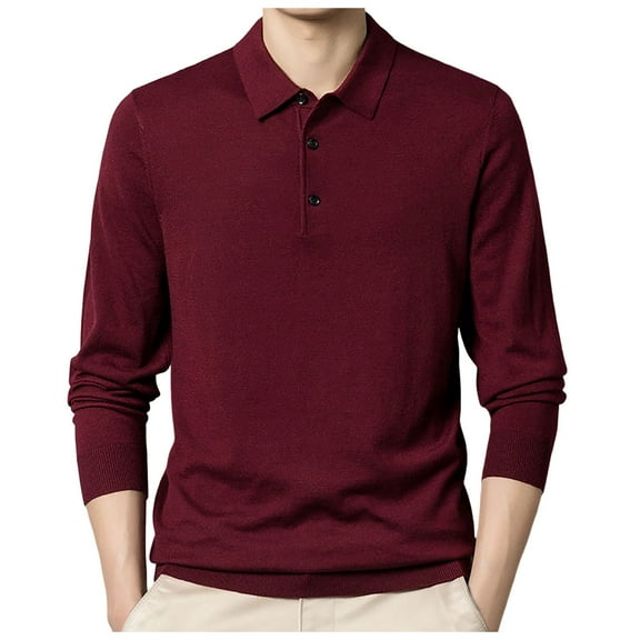 JTieacloth Mens Button Closure Shirt Male Knitwear Solid Color Shirt Collar Thin Long Sleeve Base Sweater Slim Fit Pullover Knit Red XXL