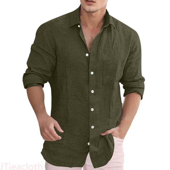 JTieacloth Mens Button Up Shirts Mens Casual Loose Solid Color Lapel Pocket Long Sleeve Shirt(Green,M)