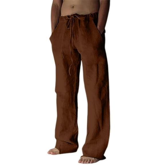 JTieacloth Mens Casual Pants Male Casual Parrot Soild Color Trouser Full Length Pocket Drawstring Pant Trouser Brown