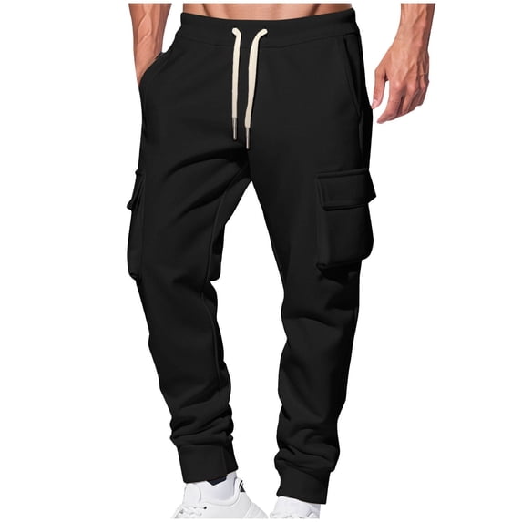 JTieacloth Mens Casual Pants Solid Color Casual Trousers With Side Pockets Comfortable Flat Front Design For Everyday Wear Black