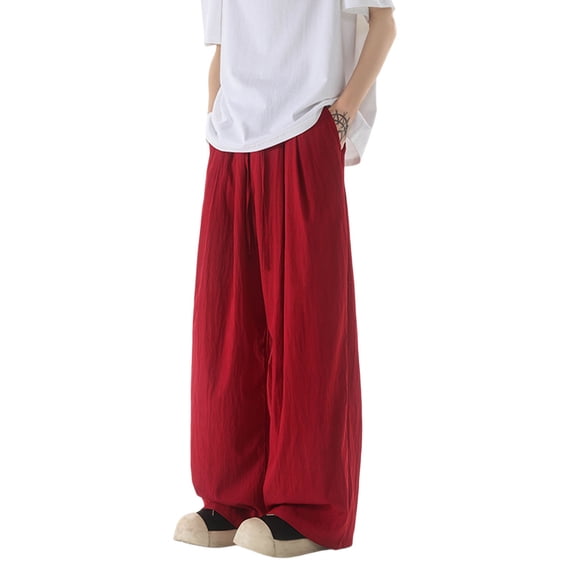 JTieacloth Mens Casual Sweatpants Summer New Men's Ice Silk Imitation Inen Drape Casual Straight Pants Wide Leg Mopping Pants Red