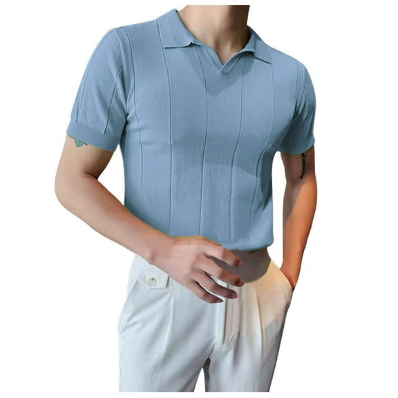 JTieacloth Mens Collar Shirt Men's Summer Fashion Casual Short Sleeved Tops Solid Color Cardigan Tight Shirt Men's Clothing Blue XXXL