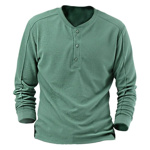 JTieacloth Mens Collared T Shirt Male Autumn And Winter Plaid Long Sleeve Round Neck Multi Button Sleeve Top Green XXL