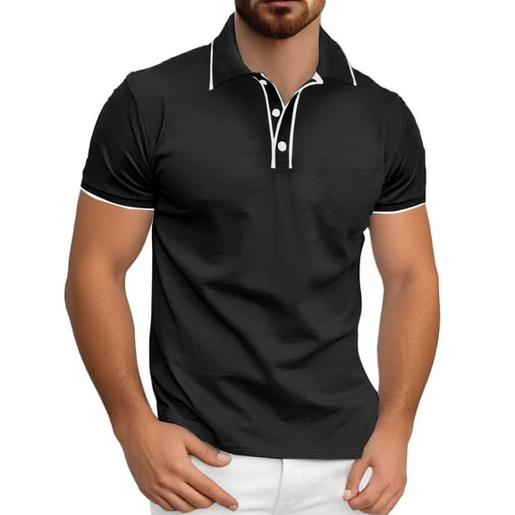 JTieacloth Mens Collared T Shirt Men's Spring And Summer Fashion Short Sleeved Shirt Lapel T Shirt Patchwork Top Black M