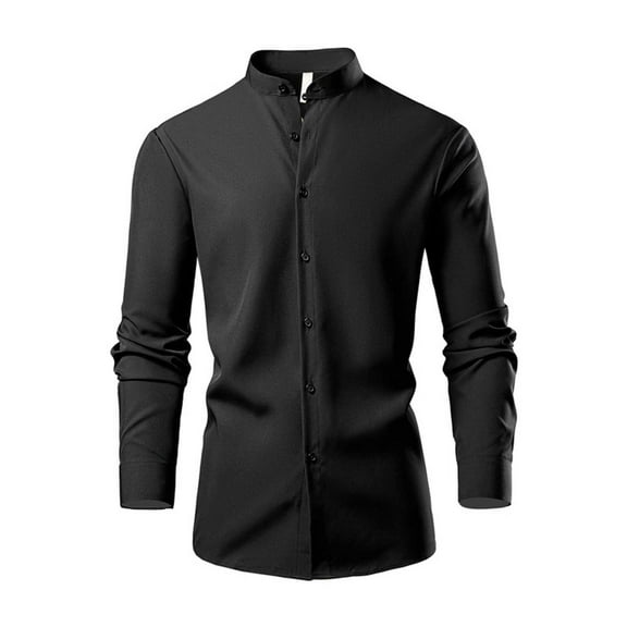 JTieacloth Mens Cotton Linen Shirts Men Stand Collar Stretch Shirt Solid Color Fashion Long Sleeved Shirt Black
