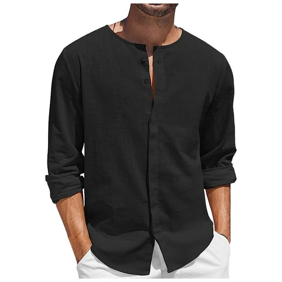 JTieacloth Mens Cotton Linen Shirts Mens Summer Cotton Linen Shirt Long Sleeve T Shirt Button Casual Beach Shirt Black