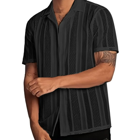 JTieacloth Mens Dress Shirts Male Street Casual Button Knitted Short Sleeved Shirt Top Men's Hollowed Out Shirt Black