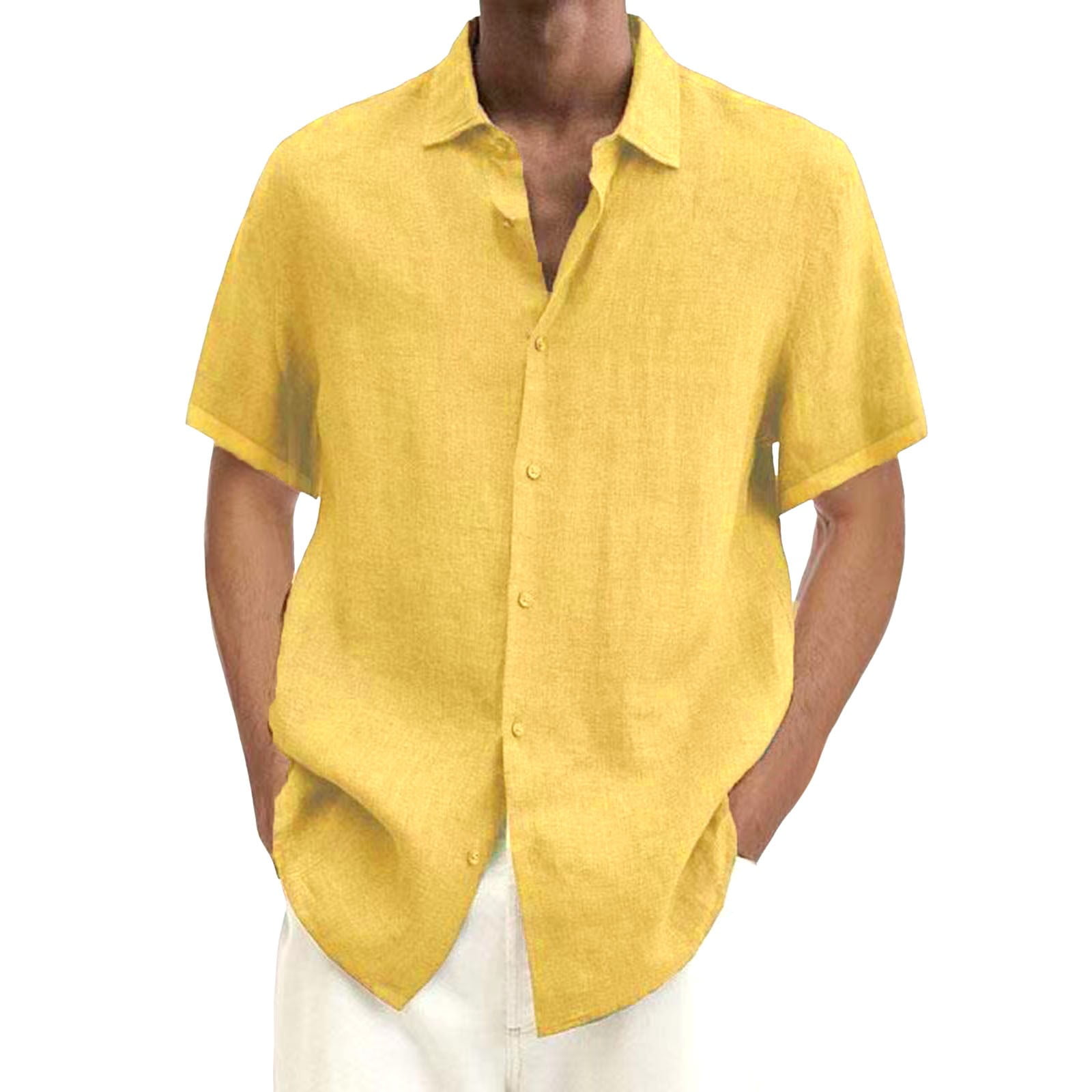 men's yellow short sleeve dress shirts Hisdern Men's Yellow Short Sleeve Business Casual Shirt with Splicing XL