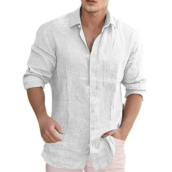 JTieacloth Mens Dress Shirts Mens Casual Loose Solid Color Lapel Pocket Long Sleeve Shirt White