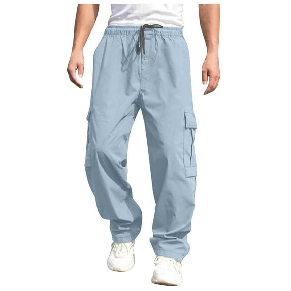 JTieacloth Mens Elastic Waist Pants Male Versatile All Season Cargo Pants Pocket Hem Solid Color Plus Size Outdoor Trousers Blue