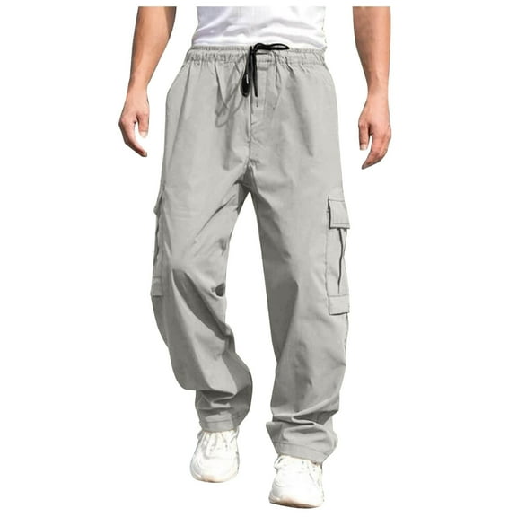 JTieacloth Mens Elastic Waist Pants Male Versatile All Season Cargo Pants Pocket Hem Solid Color Plus Size Outdoor Trousers Gray