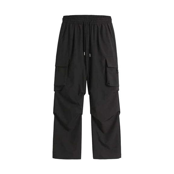 JTieacloth Mens Elastic Waist Pants Summer New Men's Solid Color Loose Workwear Style Ice Silk Large Pocket Wide Leg Pants Casual Straight Pants Black