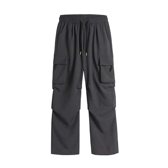 JTieacloth Mens Elastic Waist Pants Summer New Men's Solid Color Loose Workwear Style Ice Silk Large Pocket Wide Leg Pants Casual Straight Pants Gray
