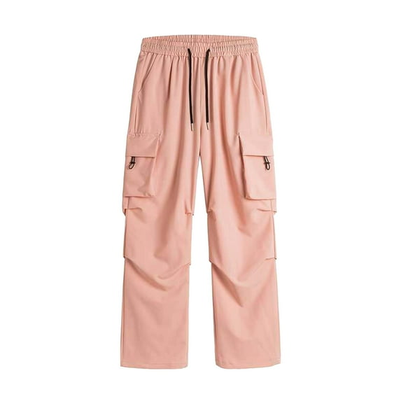 JTieacloth Mens Elastic Waist Pants Summer New Men's Solid Color Loose Workwear Style Ice Silk Large Pocket Wide Leg Pants Casual Straight Pants Pink
