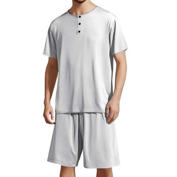 JTieacloth Mens Fleece Plush Bathrobe Men's Round Neck Short Sleeve Top Shorts Casual Style Homewear Pajama Set Gray