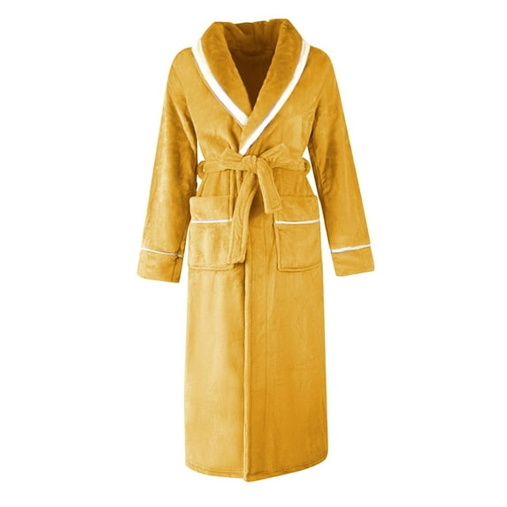 JTieacloth Mens Fleece Plush Bathrobe Men's Thickened Extended Plus Size Sable Couple Bathrobe Elegant Spliced Flannel Pajamas Yellow