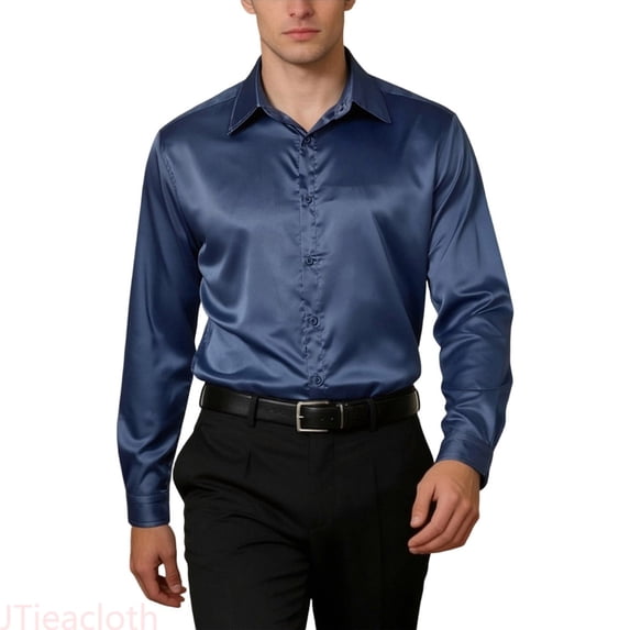 JTieacloth Mens Formal Shirts Mens Casual Fashion Bright Face Solid Color Lapel Long Sleeve Shirt(Blue,S)