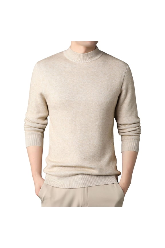 Mens Knitted Sweaters Male Turtleneck Sweater Slim Fit Velvet Sweater For Men Long Sleeve Pullover Sweater Stretch Casual Thermal Sweater(Beige)