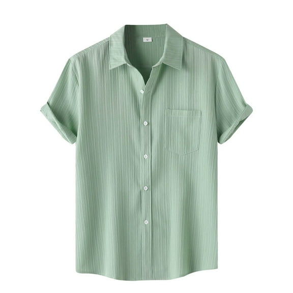 JTieacloth Mens Linen Shirts Male Summer Hawaii Solid Shirt Short Sleeve Pocket Turn Down Button Shirt Green