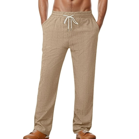 JTieacloth Mens Long Pants Men's Breathable Imitation Linen Small Checkered Beach Trousers Loose Casual Straight Trousers Yellow