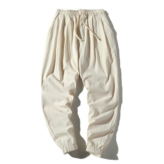JTieacloth Mens Long Pants Summer Men's Solid Color Large Size Loose Cotton Linen Nine Minute Pants Harlan Pants Casual Pants White