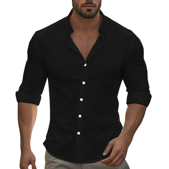 JTieacloth Mens Regular Fit Button Down Shirts Mens Fashion Casual Cot Ton And Buckle Solid Color Nine Sleeve Shirt Shirt Top Black