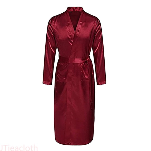 JTieacloth Mens Robe MEN'S SOLID COLOR THIN LOOSE LARGE SLEEVED SPRING AND AUTUMN SMOOTH CARDIGAN GOWN BATHROBE(Red,M)
