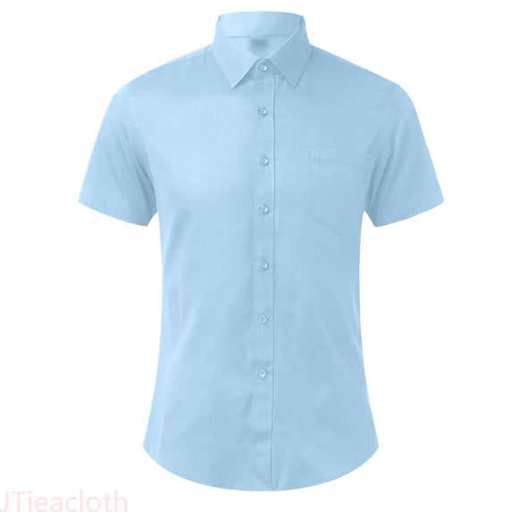 JTieacloth Mens Shirts Mens Slim Casual Solid Color Simple Pocket Decoration Short Sleeve Shirt(Blue,L)