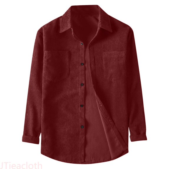 JTieacloth Mens Shirts Mens Spring And Autumn Solid Color Corduroy Long Sleeve Thickened Shirt Youth Fashion Casual Shirt(Red,M)
