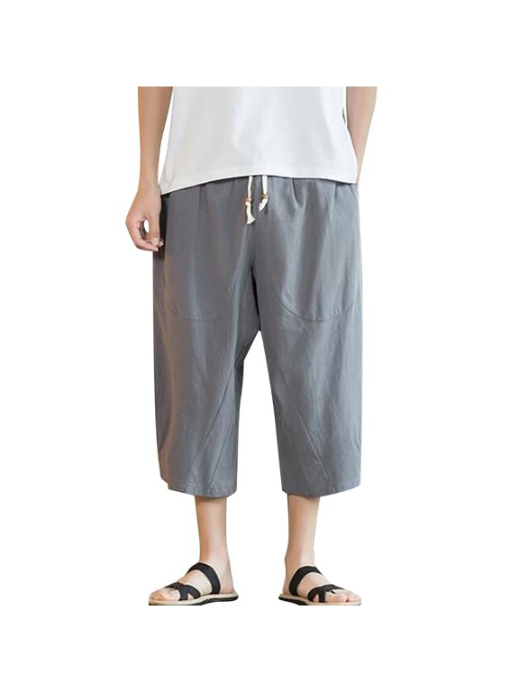 Mens Shorts Knee Length Men Capri Pants Baggy Harem Pants Drawstring Yoga Beach Pants,Gray