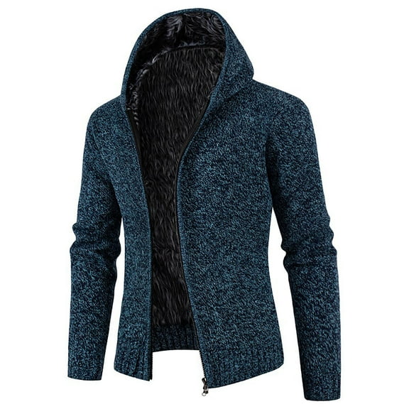 JTieacloth Mens Slim Fit Knitted Sweater Men Fleece Thick Zip Up Hooded Cardigan Knit Coat(Blue)