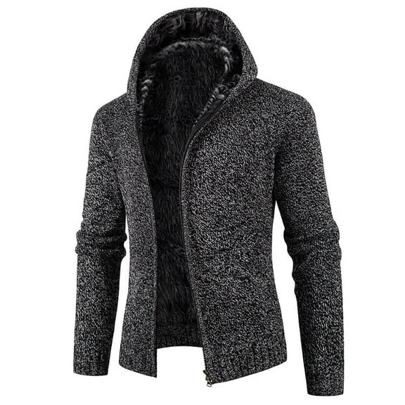 JTieacloth Mens Slim Fit Knitted Sweater Men Fleece Thick Zip Up Hooded Cardigan Knit Coat(Gray)