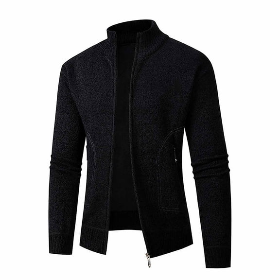 JTieacloth Mens Slim Fit Knitted Sweater Men Solid Color Stand Up Collar Zipper Cardigan Sweater Jacket Casual Loose Comfortable Business Trend Long Sleeved Jacket(Black)