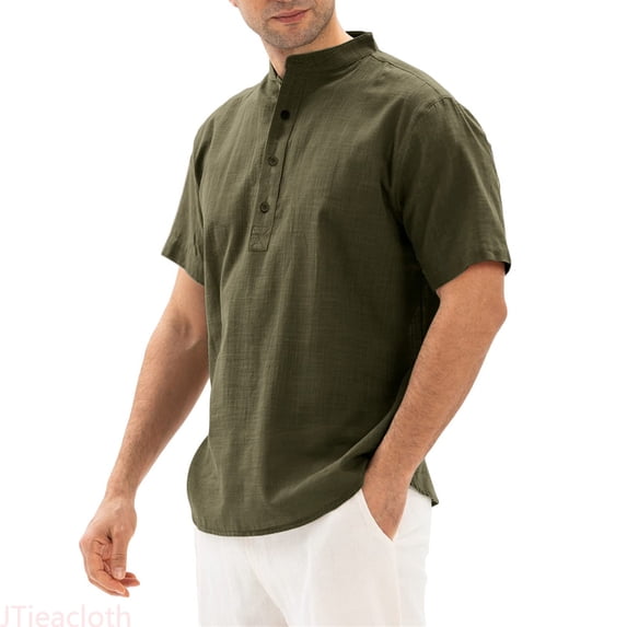 JTieacloth Mens Spring Summer Cotton Linen Casual V Neck Short Sleeve Shirts Tops Blouse Mens Dress Shirts Green