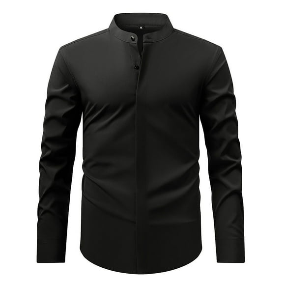 JTieacloth Mens Stretch Shirts Men's Retro Stand Collar Long Sleeve Stretch Shirt Comfortable Business Casual Formal Wear Stylish Top Black