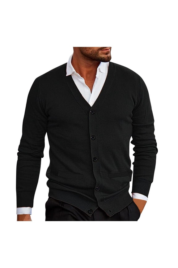 Mens Sweaters Pullover Men Solid Color V Neck Button Up Cardigan Sweater Jacket Casual Loose Comfortable Trendy Business Jacket(Black)