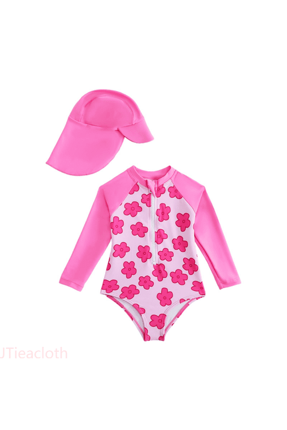 New Floral Print Long Sleeve One Pice Girls Swimsuit With I Swim Cap Toddler & Kids Swimwear,Sizes 9-12 Months
