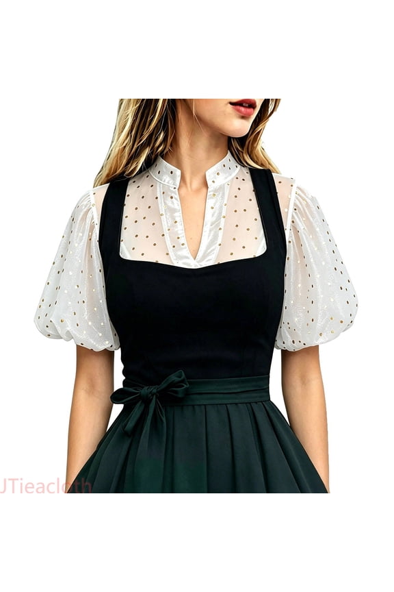 Oktoberfest Blouse Women's Dirndl Crop Tops, Short Sleeve V-Neck Lace Shirt Bavarian Traditional Tops,White