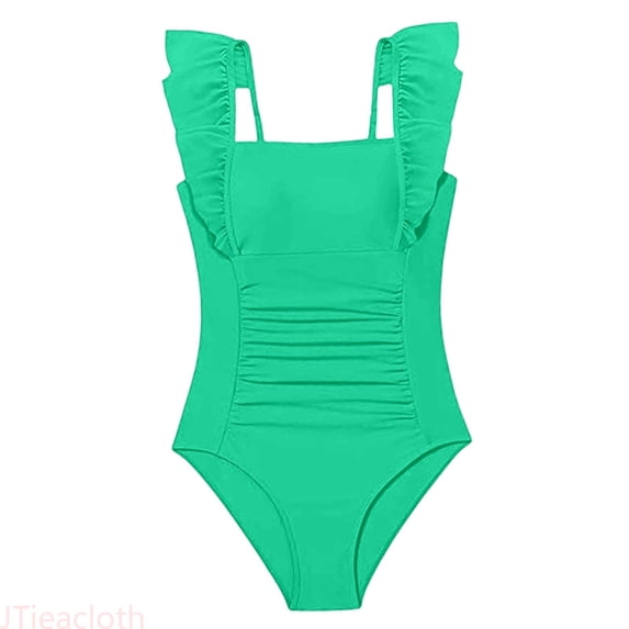 JTieacloth One-Piece Bathing Suit Girls Swimsuit Ruffle Adjustable Straps Bathing Suit Solid Color Ruched Girls Swimwear,Green,9-10 Years