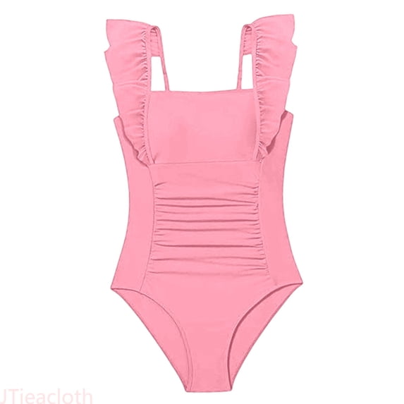 JTieacloth One-Piece Bathing Suit Girls Swimsuit Ruffle Adjustable Straps Bathing Suit Solid Color Ruched Girls Swimwear,Pink,7-8 Years