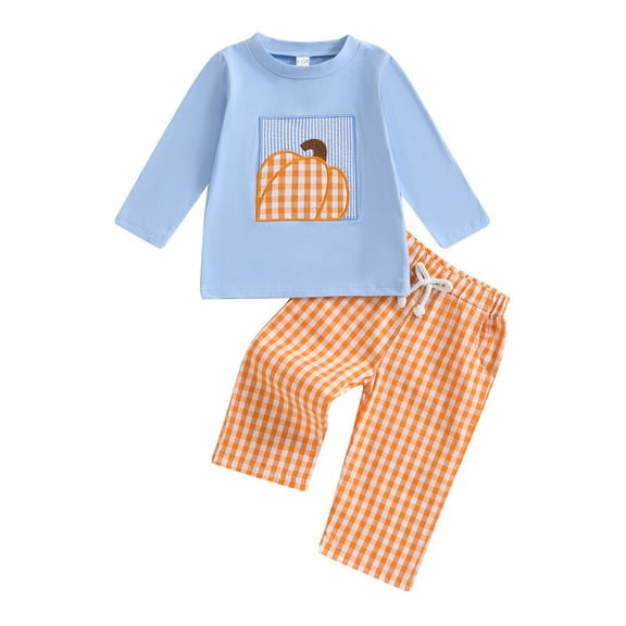 JTieacloth Pant Sets for Boys Boys Outfit 2 Piece Set Cute Pullover Hoodie And Plaid Pants Toddler Comfortable Fall Party Wear,Sizes 6-12 Months(Blue)